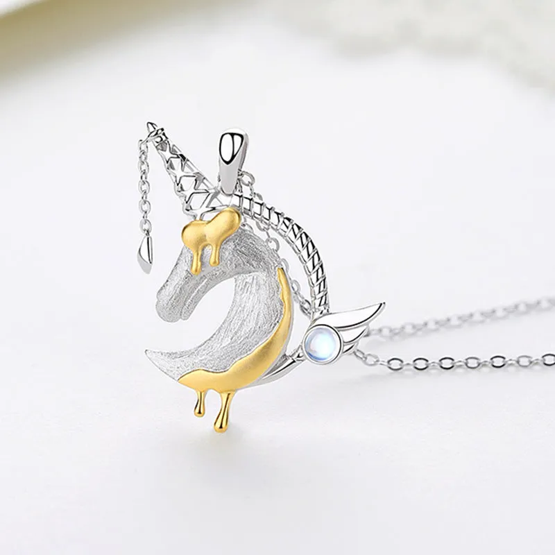 Ladies Sterling Silver Unicorn Moonstone Topaz Pendant Necklace June Birthstone Jewelry for Women