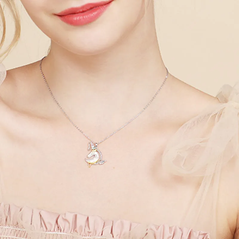 Ladies Sterling Silver Unicorn Moonstone Topaz Pendant Necklace June Birthstone Jewelry for Women