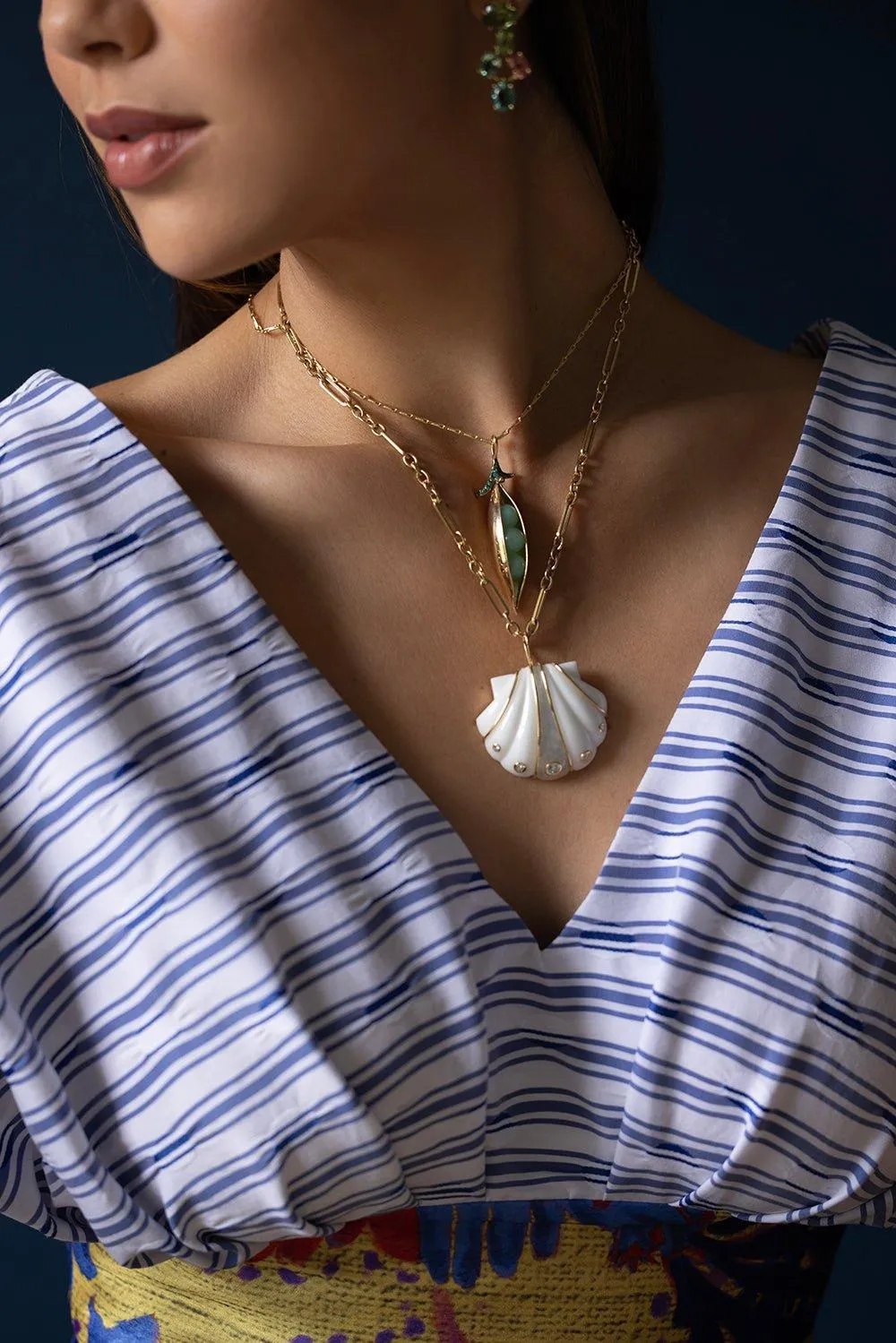 Large White Agate Moonstone Shell Necklace