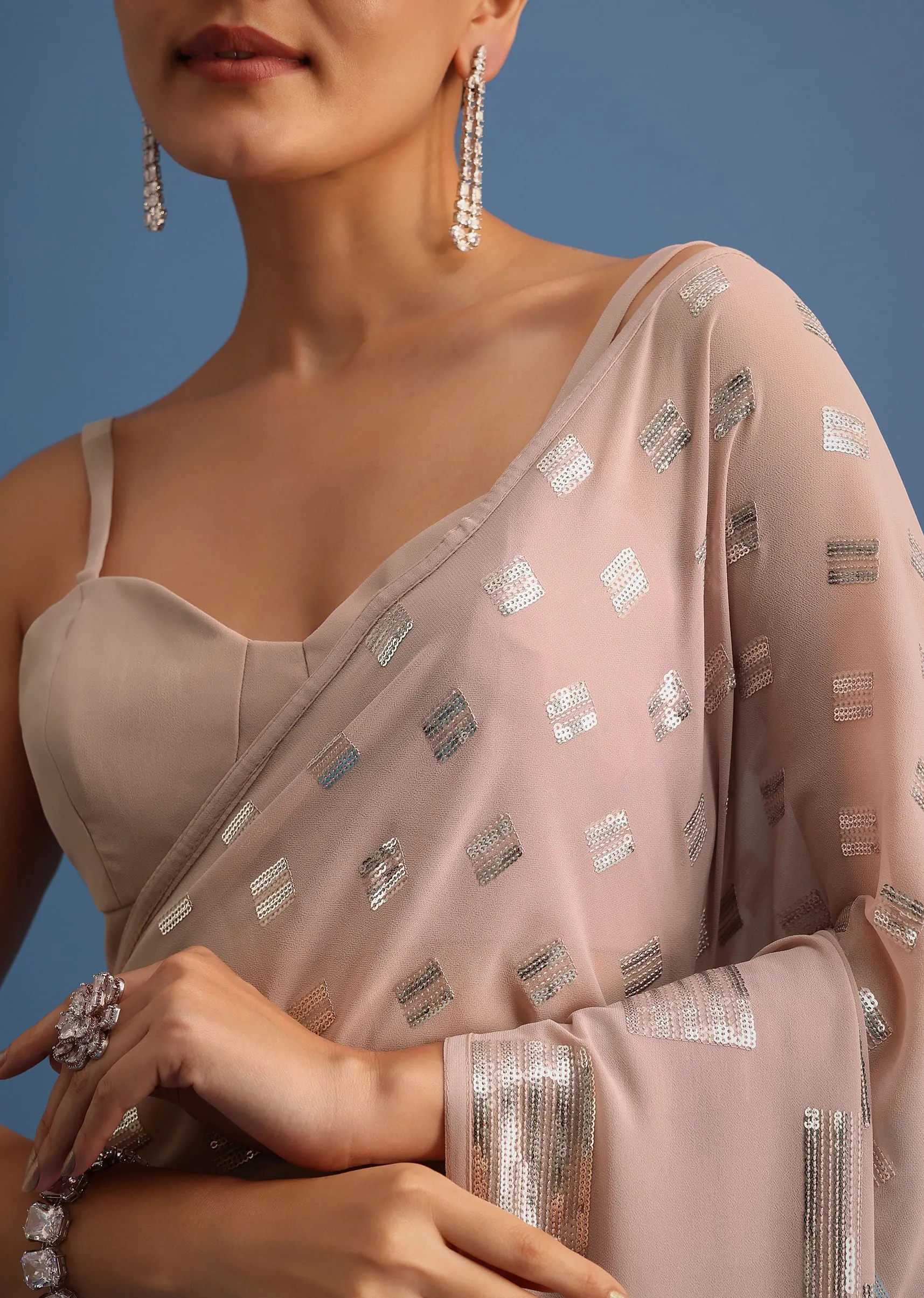 Light Peach Sequin Embroidered Georgette Saree With Unstitched Blouse