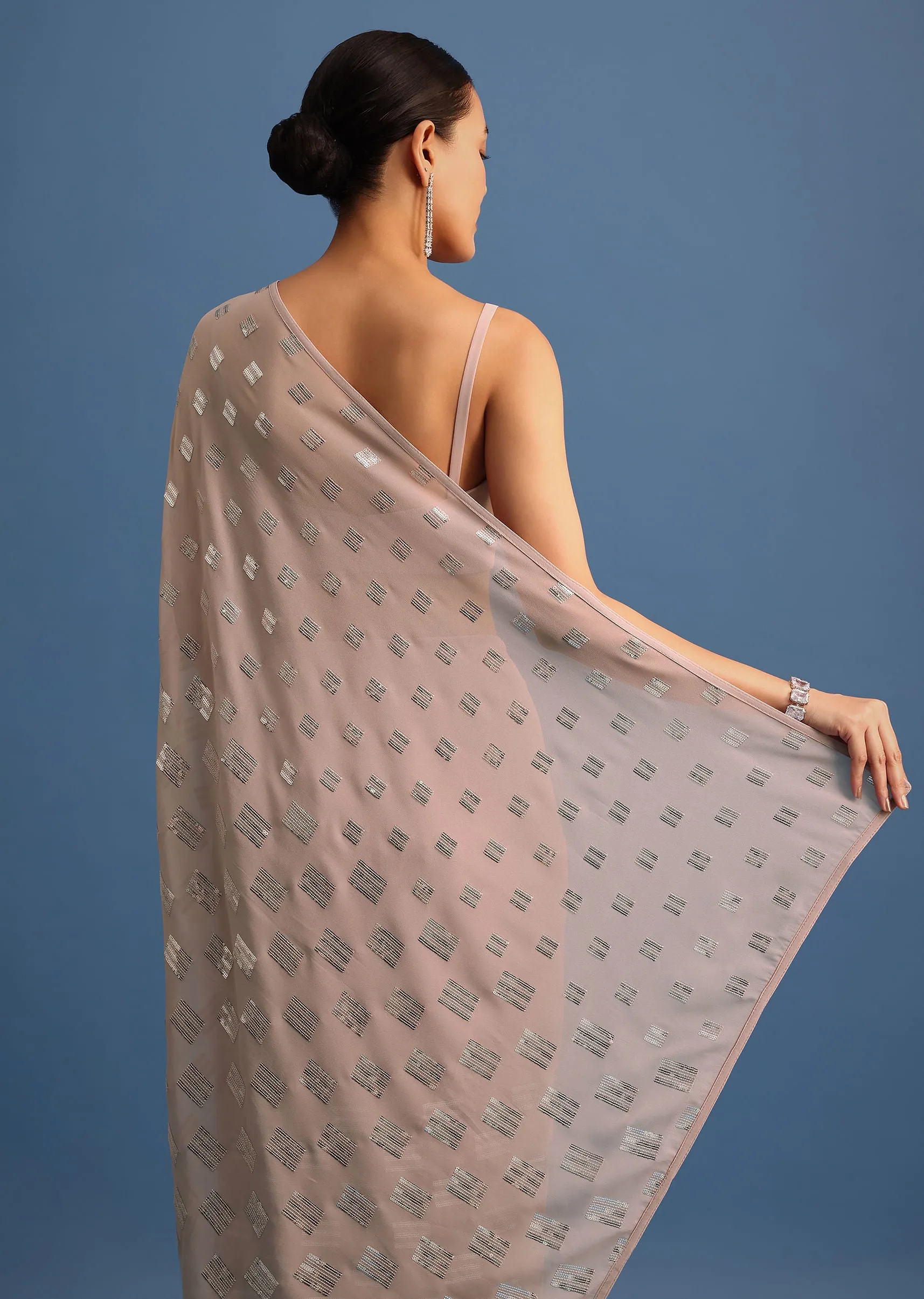 Light Peach Sequin Embroidered Georgette Saree With Unstitched Blouse