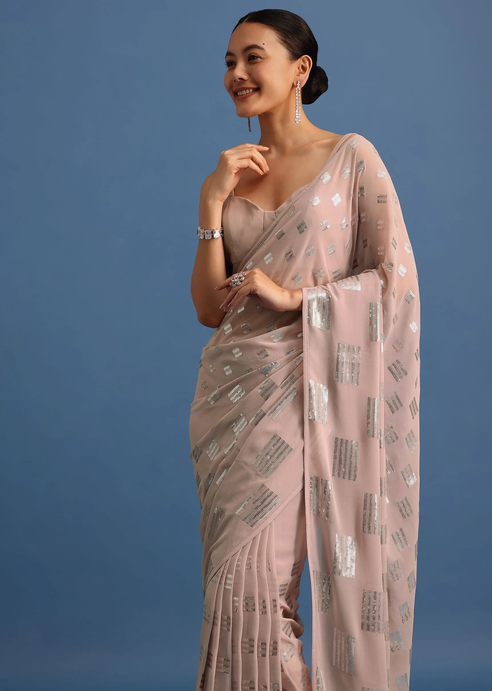 Light Peach Sequin Embroidered Georgette Saree With Unstitched Blouse