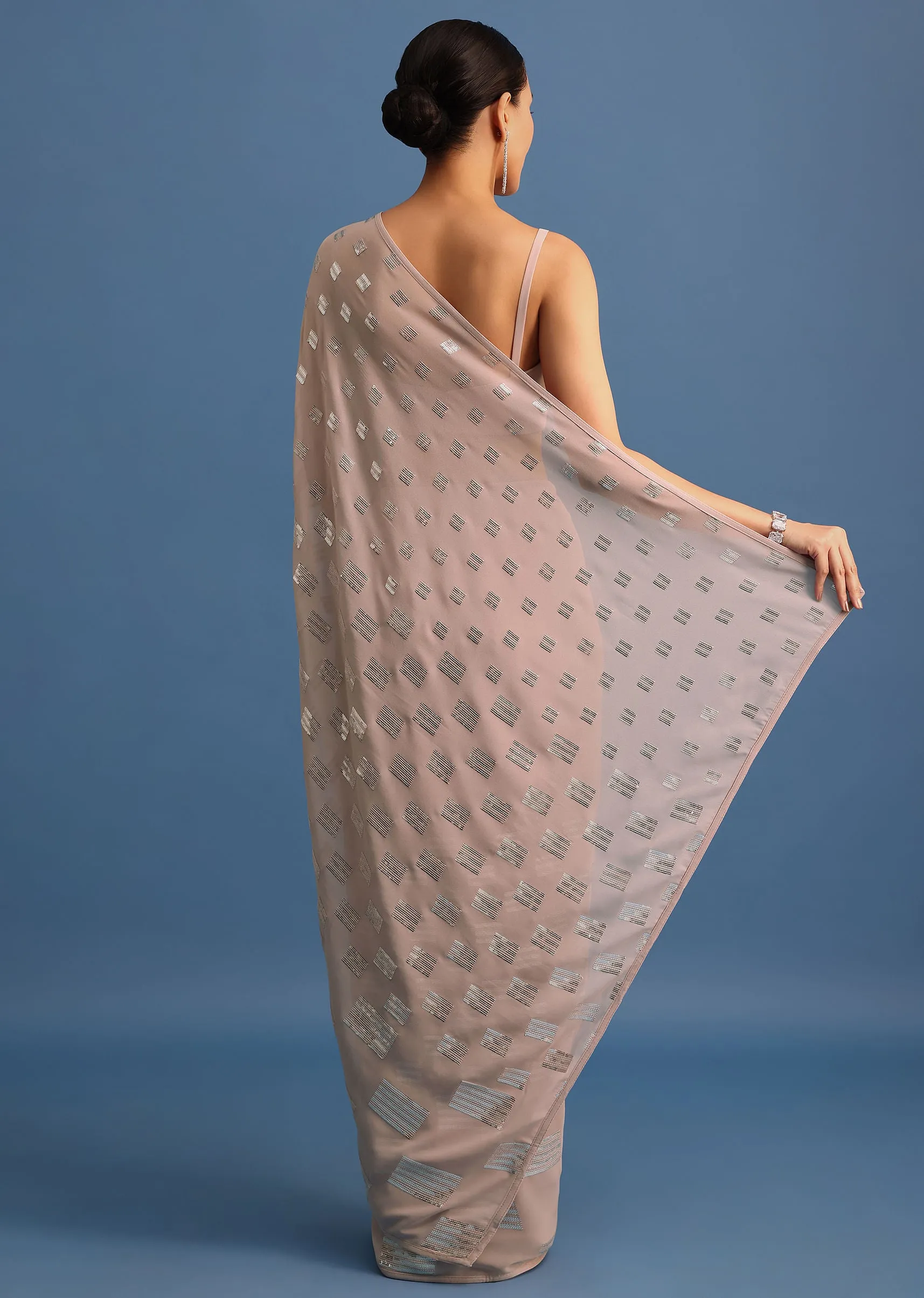 Light Peach Sequin Embroidered Georgette Saree With Unstitched Blouse