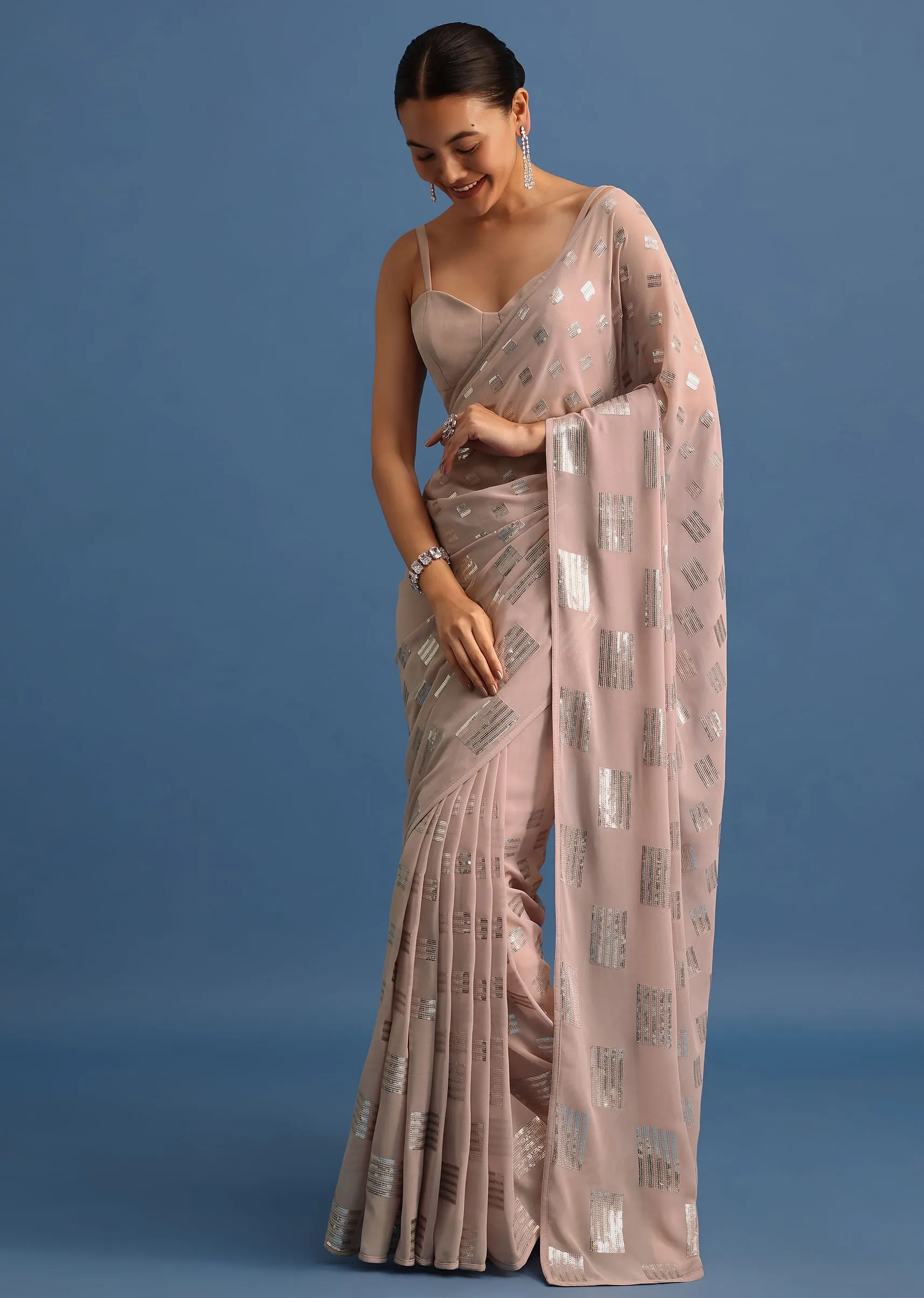 Light Peach Sequin Embroidered Georgette Saree With Unstitched Blouse