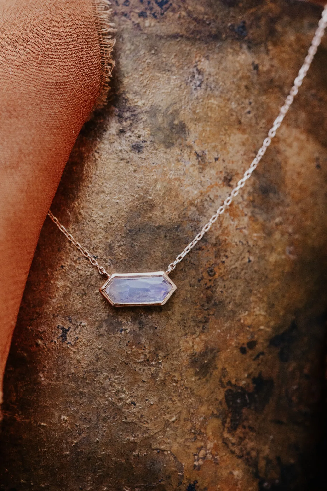 Long Hexagon Moonstone Bezel Necklace