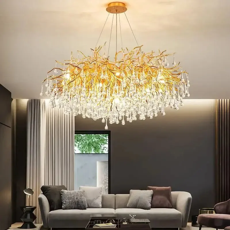 Mansion Gold Crystal Branch Chandelier: Luxury Ceiling Light for Living, Dining & Bedroom