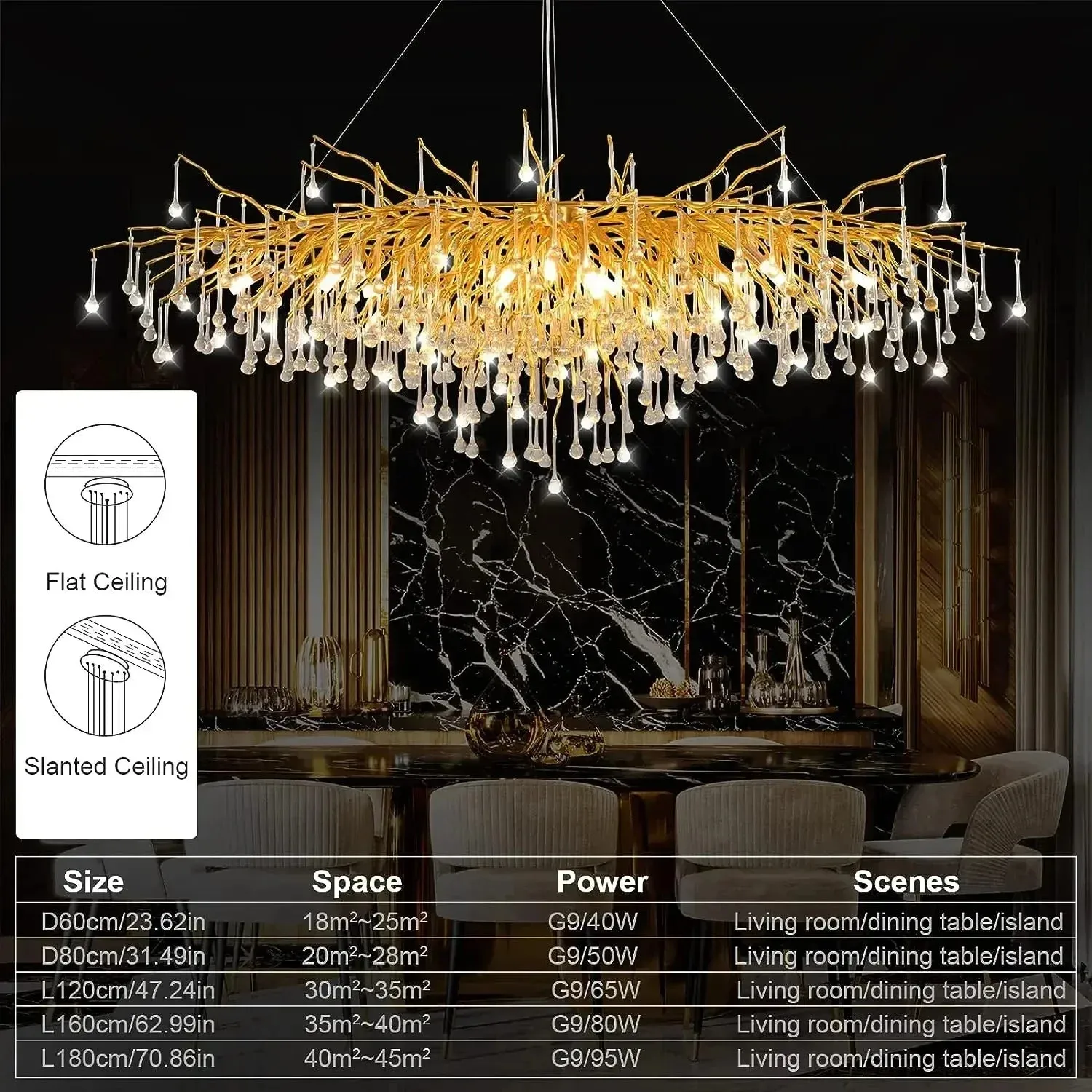 Mansion Gold Crystal Branch Chandelier: Luxury Ceiling Light for Living, Dining & Bedroom