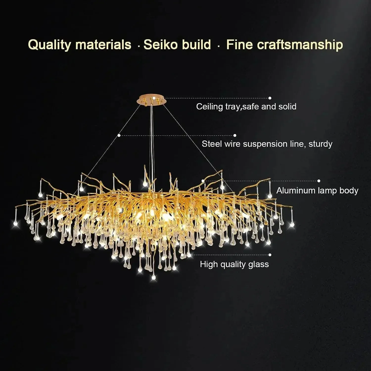 Mansion Gold Crystal Branch Chandelier: Luxury Ceiling Light for Living, Dining & Bedroom