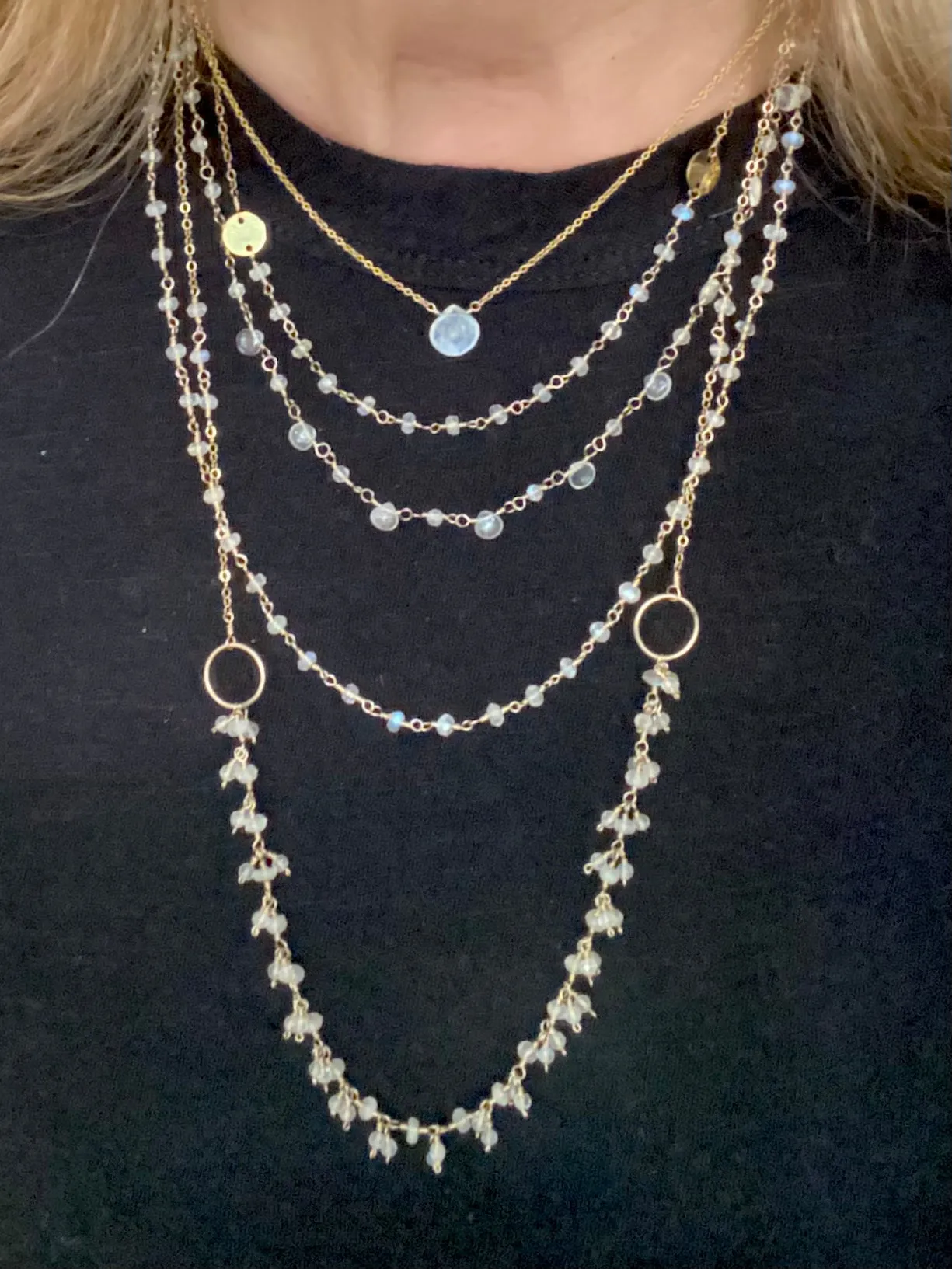 Moonstone Beads Necklace with Gold Disc