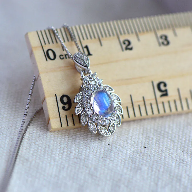 Natural Moonstone Pendant Necklace in White Gold Plated Sterling Silver Jewelry Women
