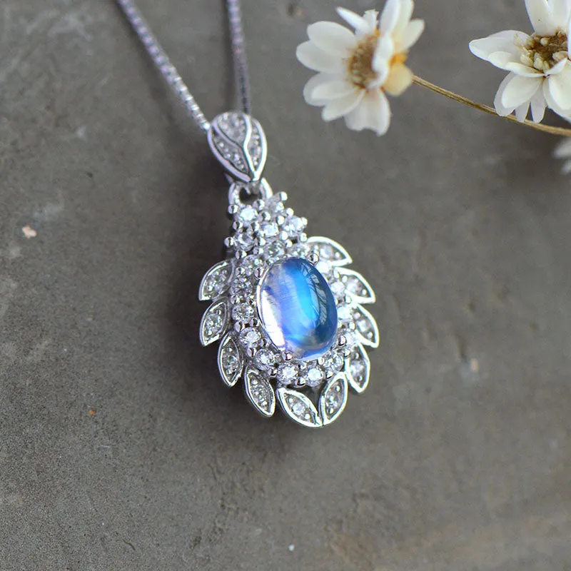 Natural Moonstone Pendant Necklace in White Gold Plated Sterling Silver Jewelry Women