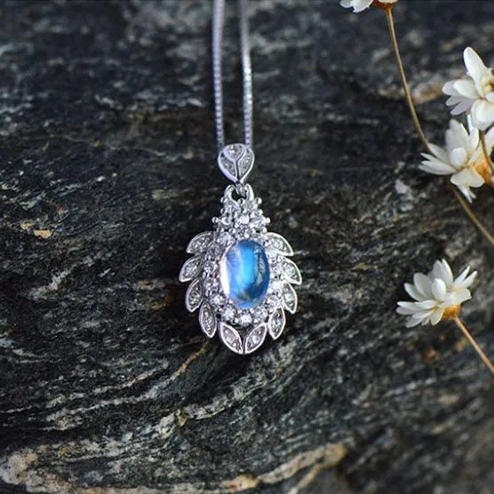 Natural Moonstone Pendant Necklace in White Gold Plated Sterling Silver Jewelry Women