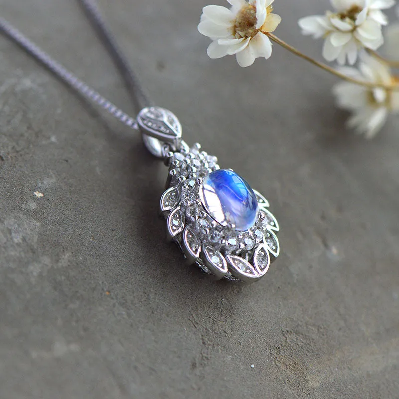 Natural Moonstone Pendant Necklace in White Gold Plated Sterling Silver Jewelry Women