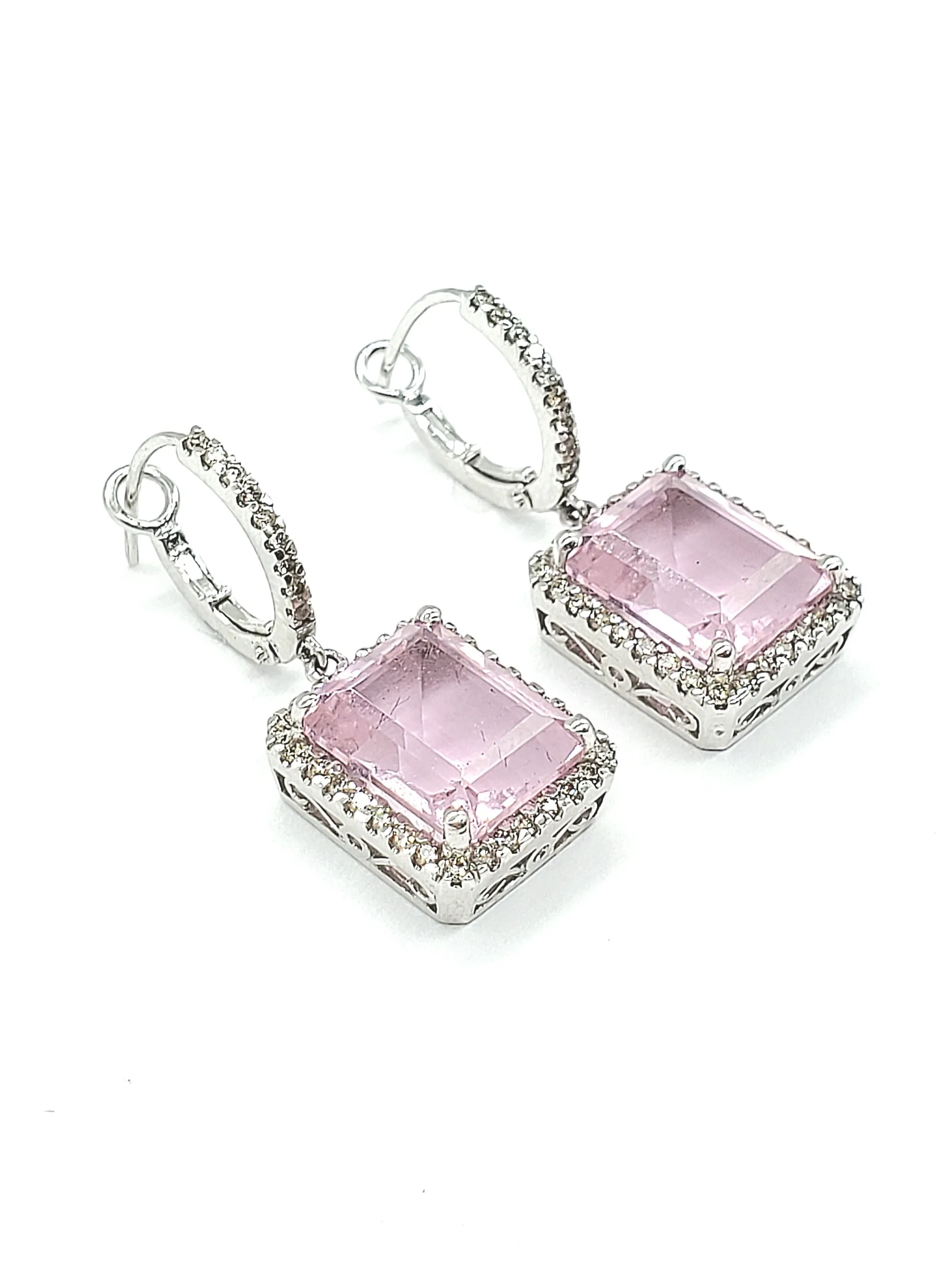 NEW Diamond and Pink Stone Halo Drop Earrings