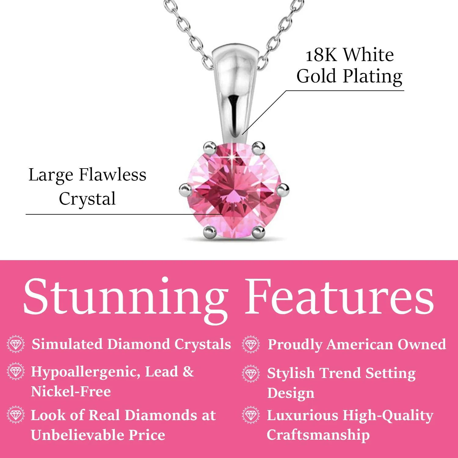 October Birthstone Pink Tourmaline Necklace, 18k White Gold Plated Solitaire Necklace with 1CT Crystal