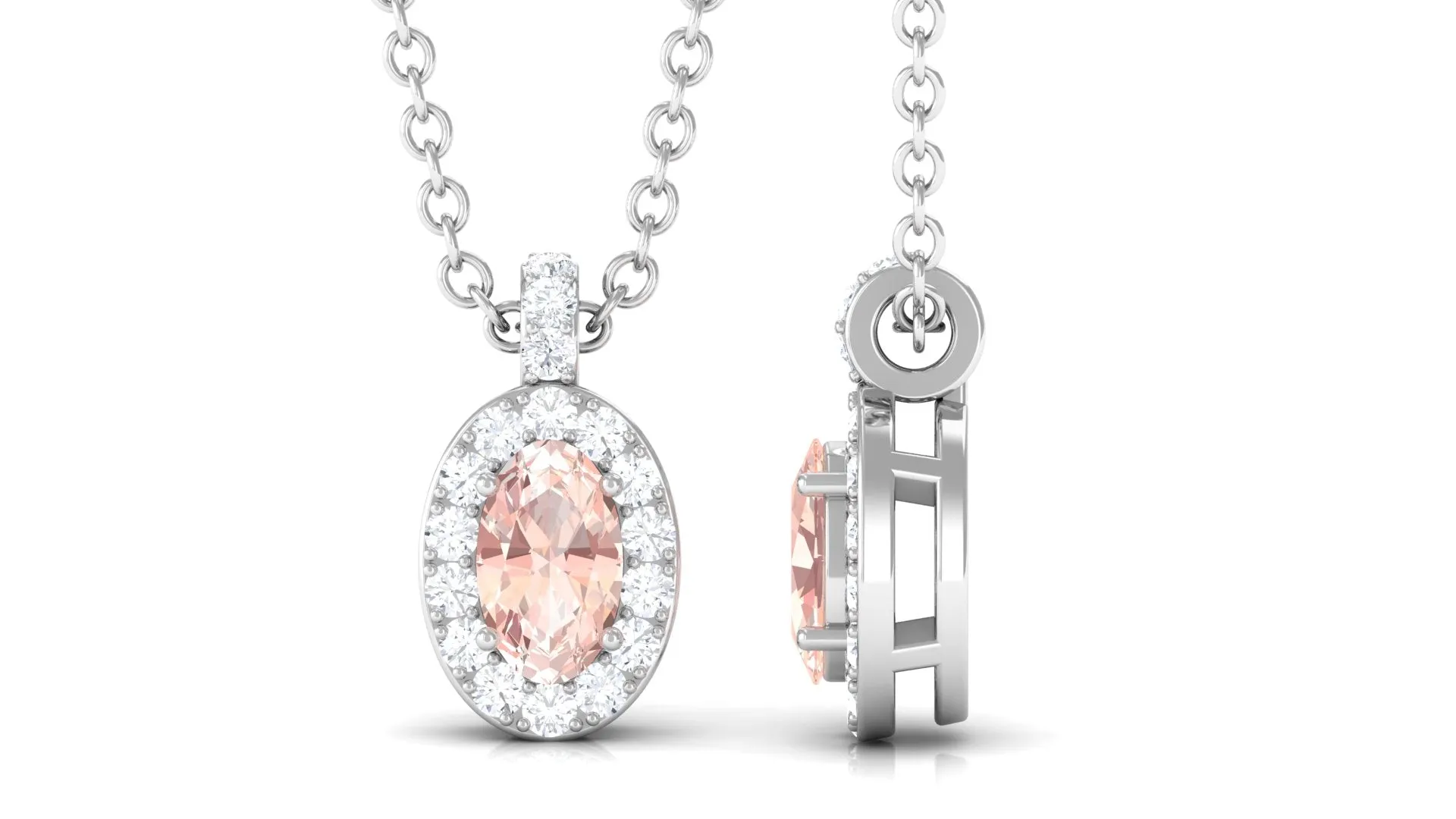 Oval Morganite Pendant Necklace with Diamond Halo