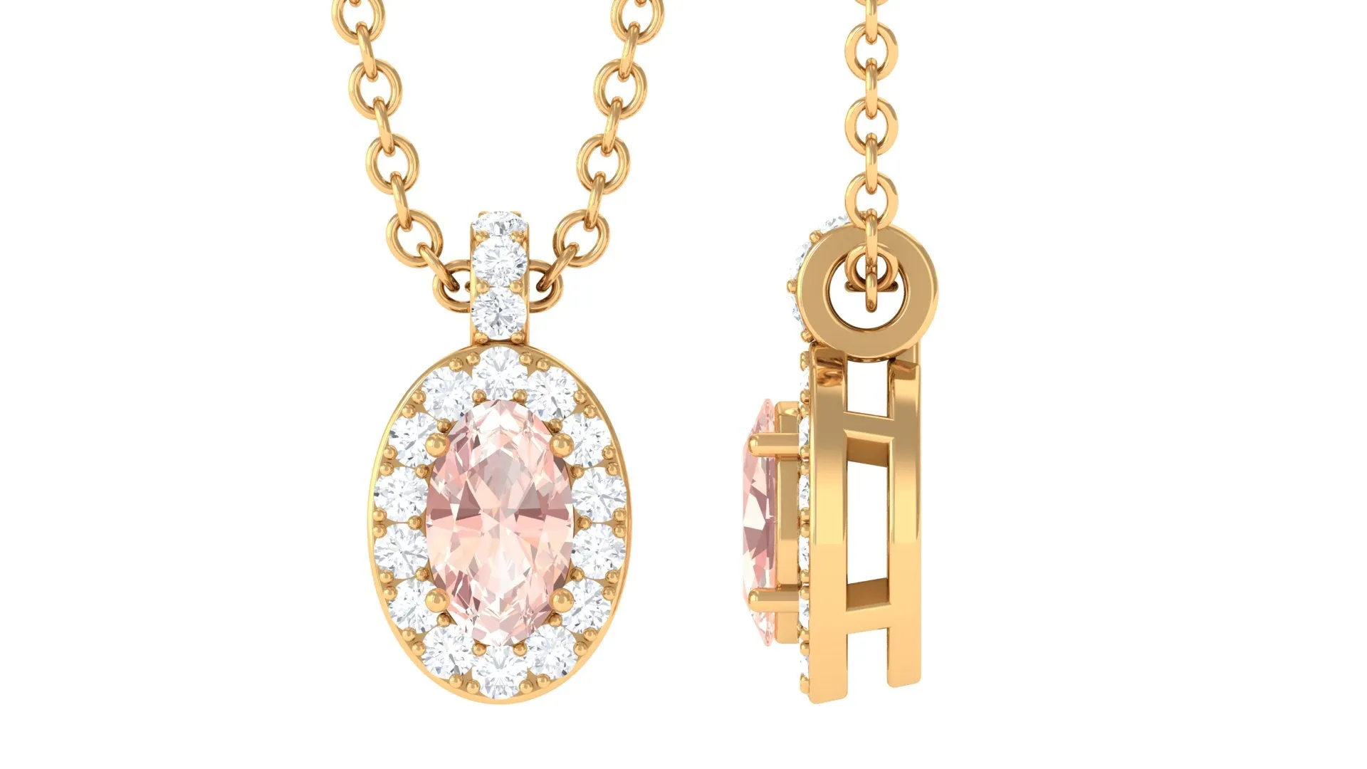 Oval Morganite Pendant Necklace with Diamond Halo