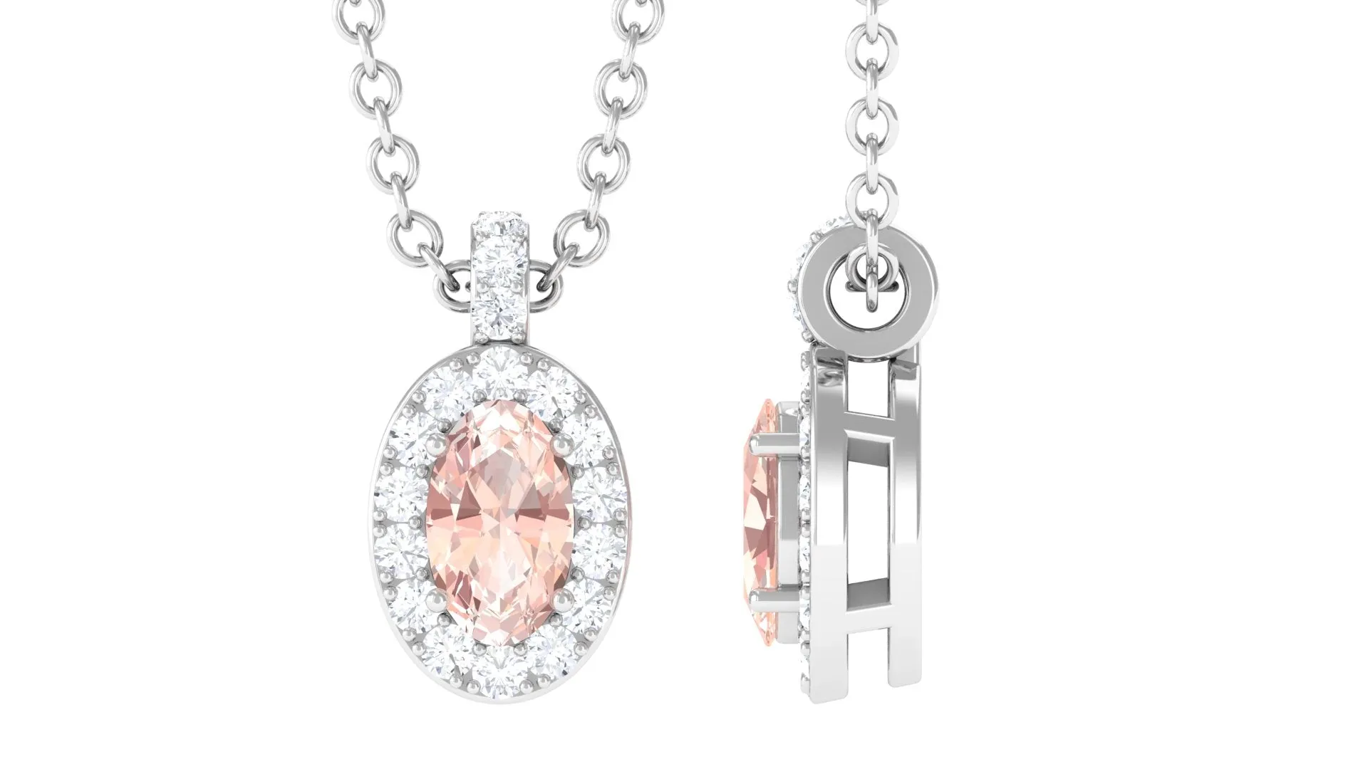 Oval Morganite Pendant Necklace with Diamond Halo
