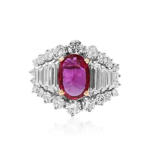 Oval Ruby Ring With Baguette & Brilliant Cut Diamond Surround