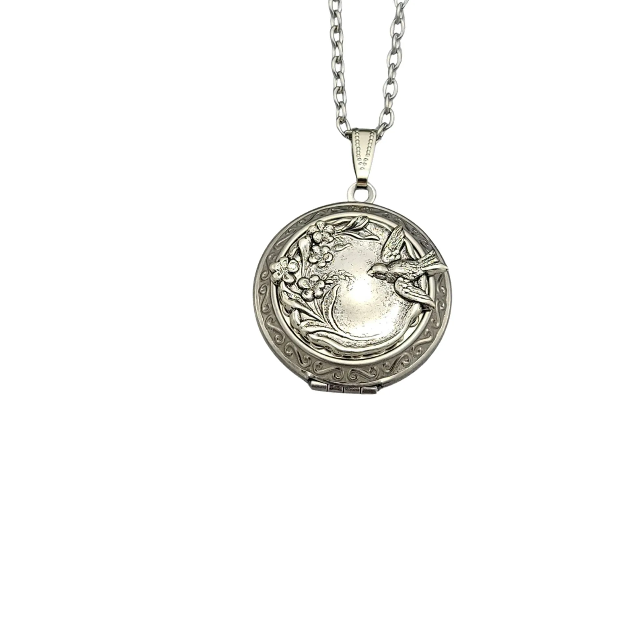 Ox Silver Round Locket with Bird and Flower  Friend Photo Picture.