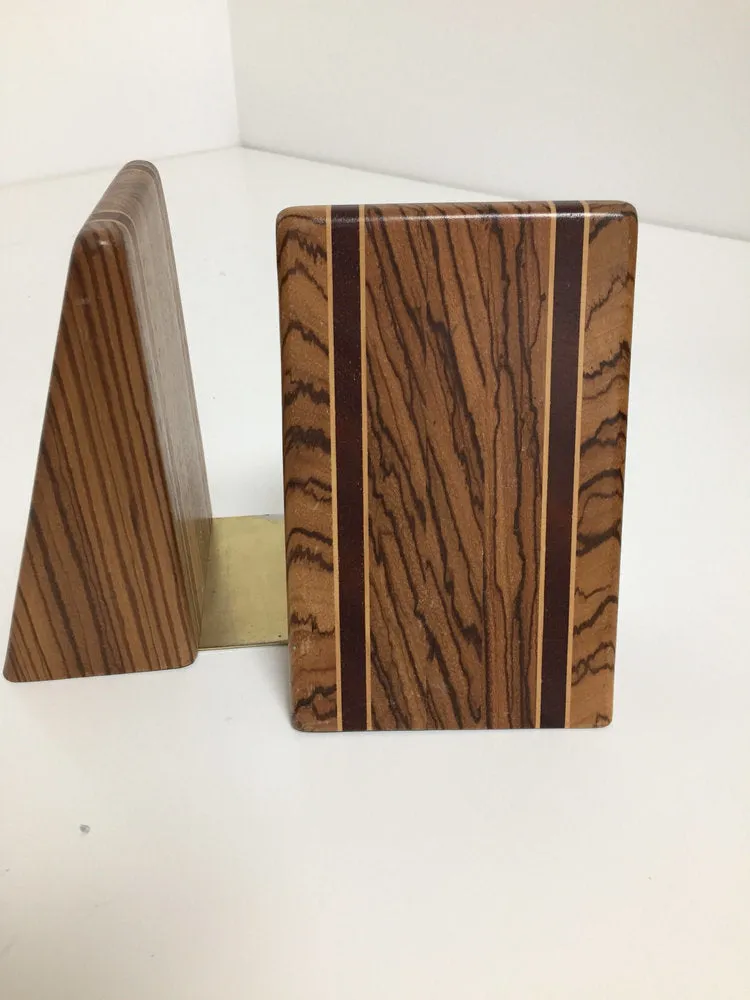 Pair of mid century inlaid exotic wood bookends