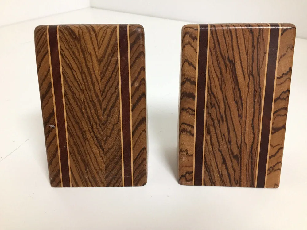 Pair of mid century inlaid exotic wood bookends