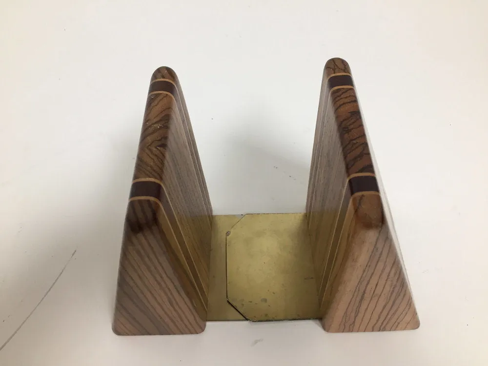 Pair of mid century inlaid exotic wood bookends