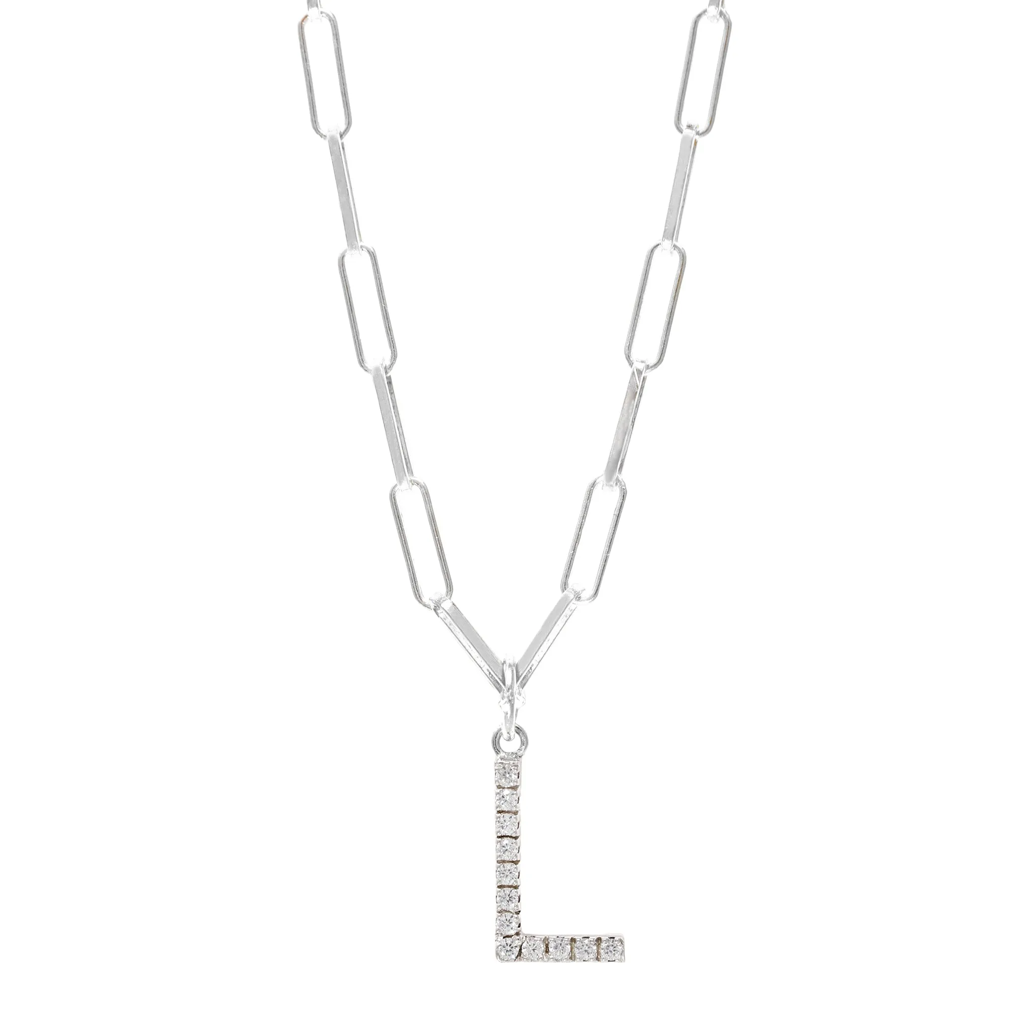 Paper Clip Diamond Initial Necklace - Silver - Pre order