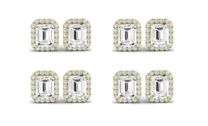 Paris jewelry 14k Yellow Gold 4Ct Emerald Cut White Sapphire Set Of Four Halo Stud Earrings Plated