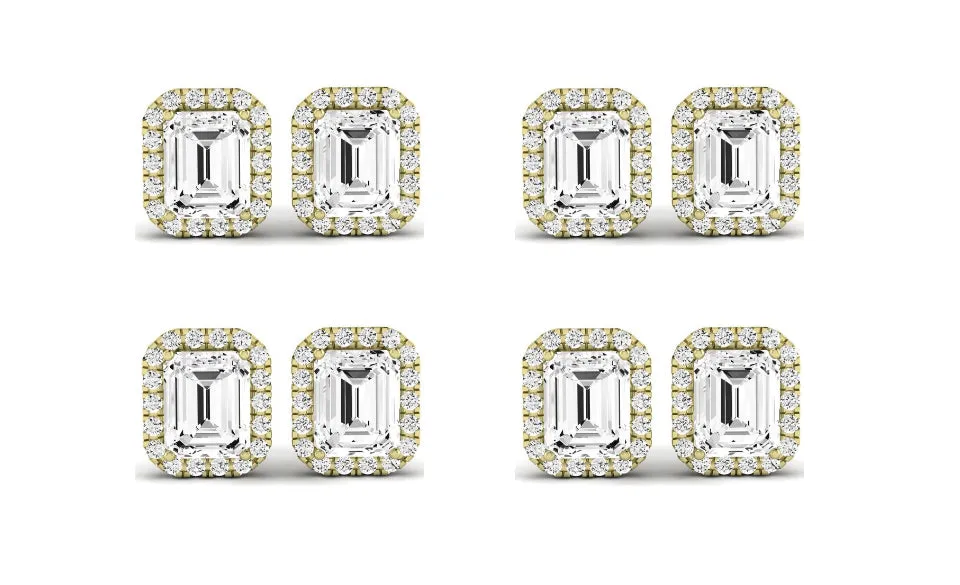Paris jewelry 14k Yellow Gold 4Ct Emerald Cut White Sapphire Set Of Four Halo Stud Earrings Plated