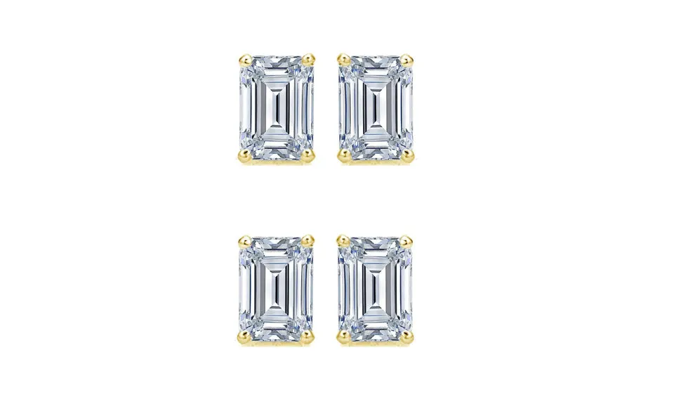 Paris jewelry 14k Yellow Gold 6mm 4Ct Emerald Cut White Sapphire Set Of Two Stud Earrings Plated