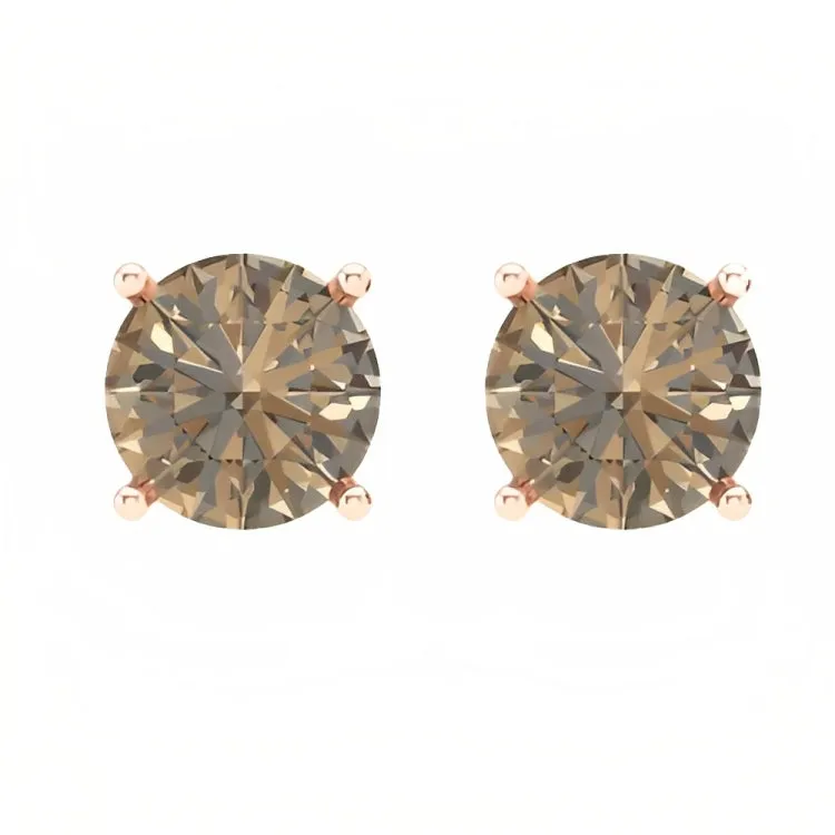 Paris Jewelry 18k Rose Gold 2 Pair Created Champagne 4mm Round & Princess Cut Stud Earrings Plated
