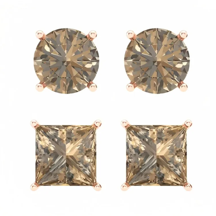 Paris Jewelry 18k Rose Gold 2 Pair Created Champagne 4mm Round & Princess Cut Stud Earrings Plated