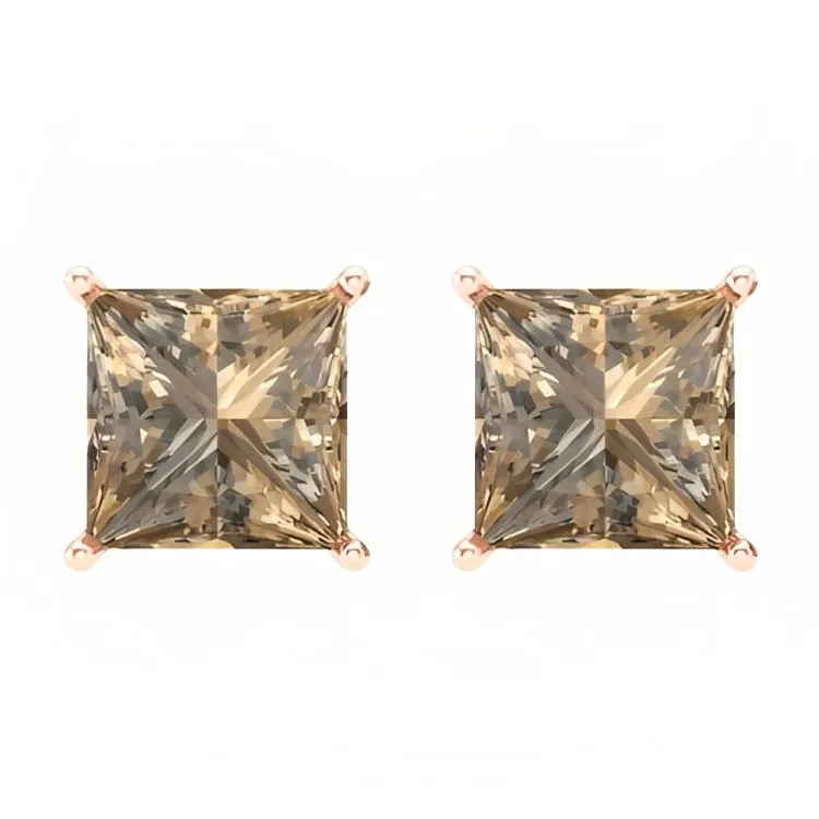Paris Jewelry 18k Rose Gold 2 Pair Created Champagne 4mm Round & Princess Cut Stud Earrings Plated