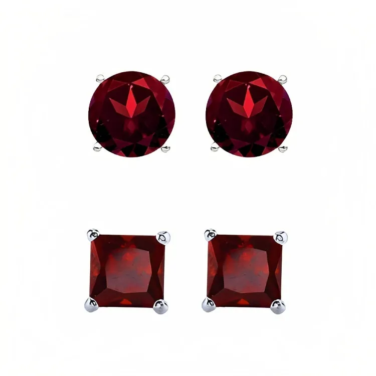 Paris Jewelry 18k White Gold 2 Pair Created Garnet 4mm, 6mm Round & Princess Cut Stud Earrings Plated