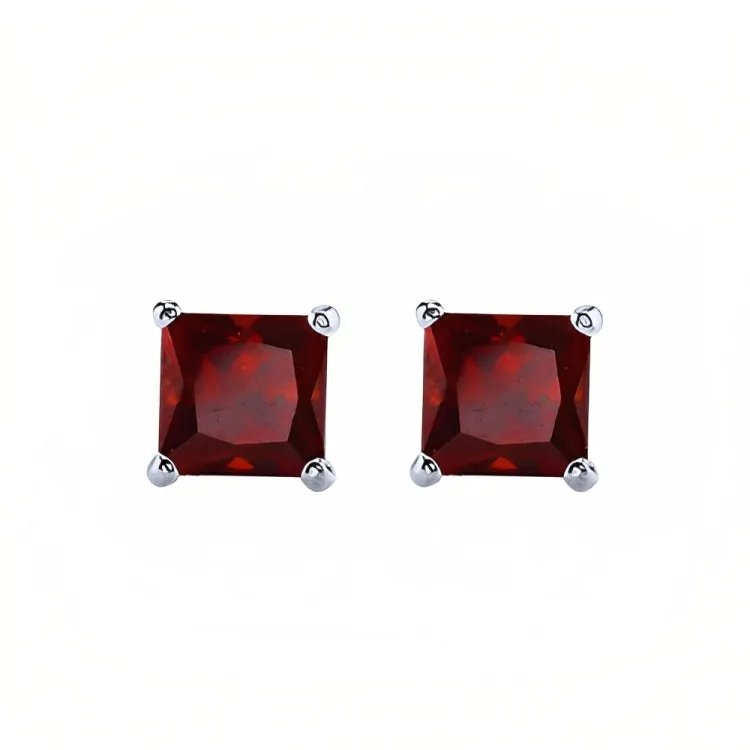 Paris Jewelry 18k White Gold 2 Pair Created Garnet 4mm, 6mm Round & Princess Cut Stud Earrings Plated