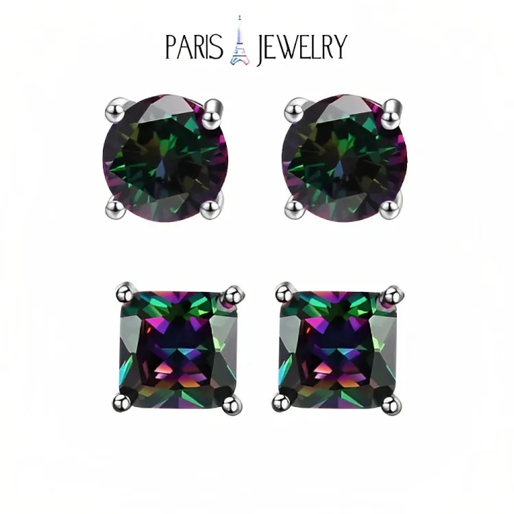 Paris Jewelry 18k White Gold 2 Pair Created Mystic 4mm Round & Princess Cut Stud Earrings Plated