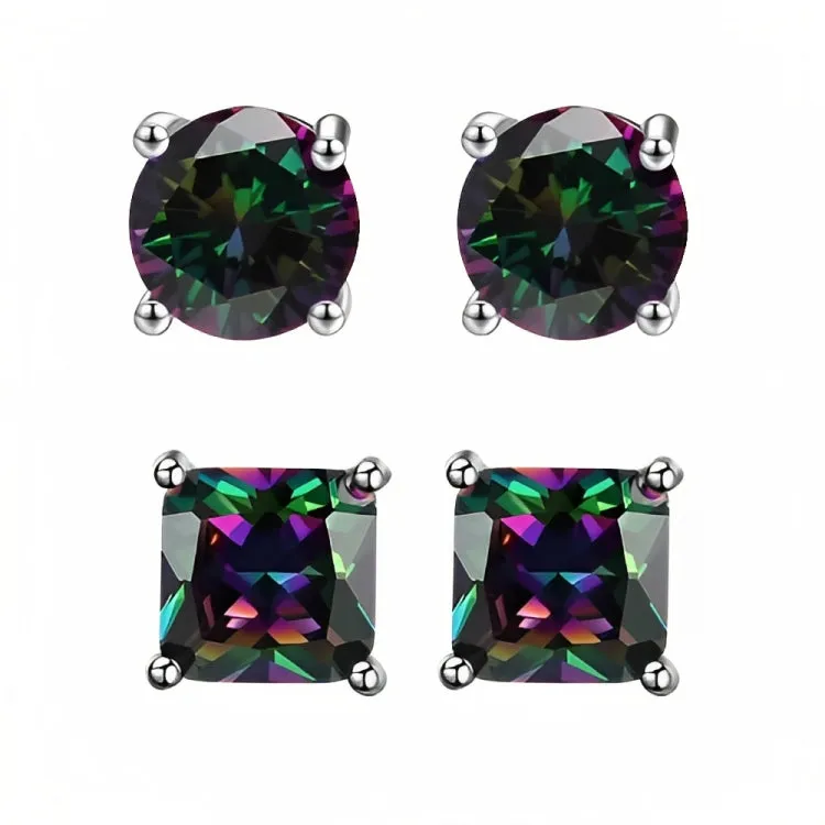 Paris Jewelry 18k White Gold 2 Pair Created Mystic 4mm Round & Princess Cut Stud Earrings Plated