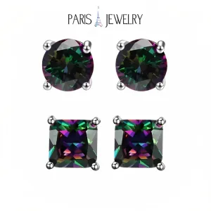 Paris Jewelry 18k White Gold 2 Pair Created Mystic 4mm Round & Princess Cut Stud Earrings Plated