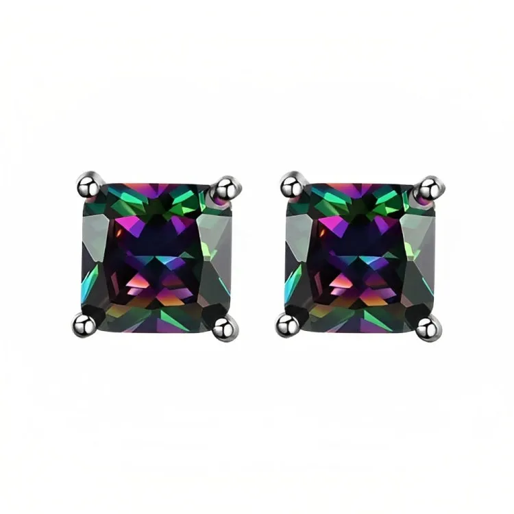 Paris Jewelry 18k White Gold 2 Pair Created Mystic 4mm Round & Princess Cut Stud Earrings Plated