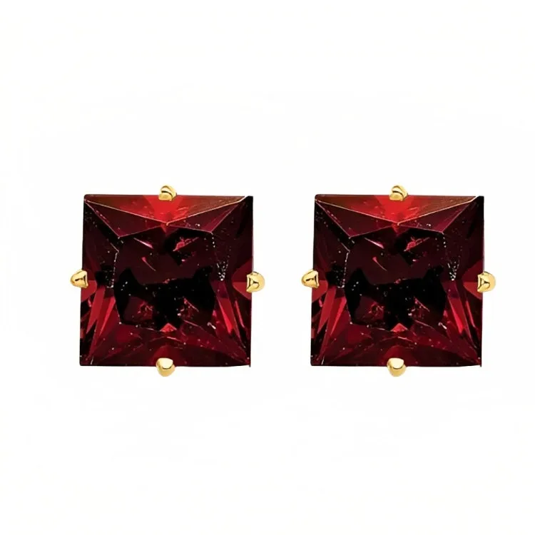 Paris Jewelry 18k Yellow Gold 2 Pair Created Garnet 6mm Round & Princess Cut Stud Earrings Plated