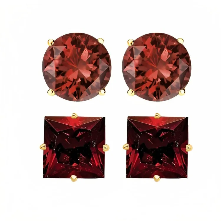 Paris Jewelry 18k Yellow Gold 2 Pair Created Garnet 6mm Round & Princess Cut Stud Earrings Plated
