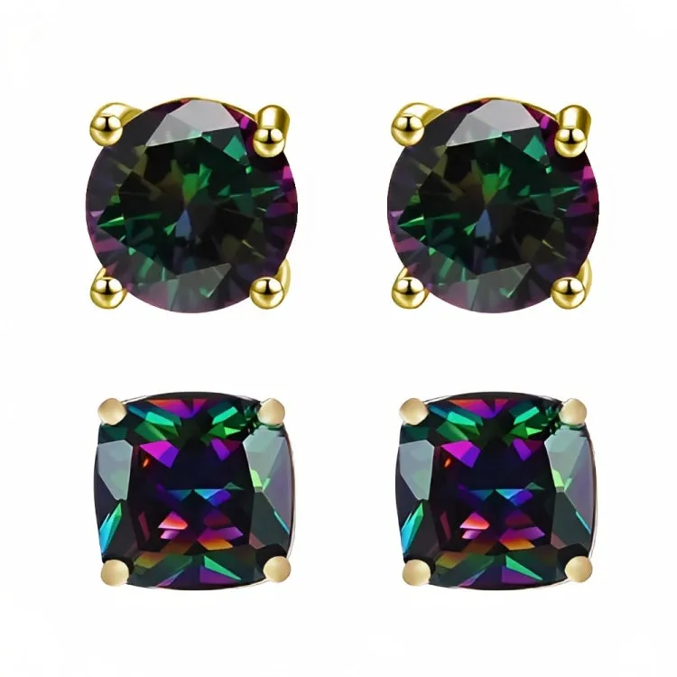 Paris Jewelry 18k Yellow Gold 2 Pair Created Mystic 4mm, 6mm Round & Princess Cut Stud Earrings Plated