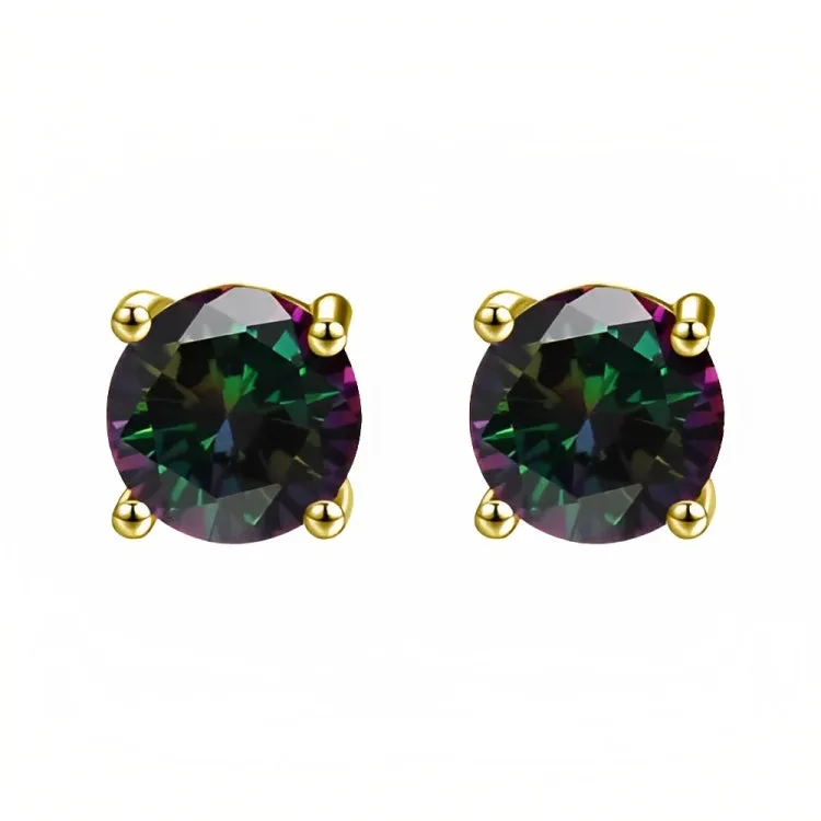 Paris Jewelry 18k Yellow Gold 2 Pair Created Mystic 4mm, 6mm Round & Princess Cut Stud Earrings Plated