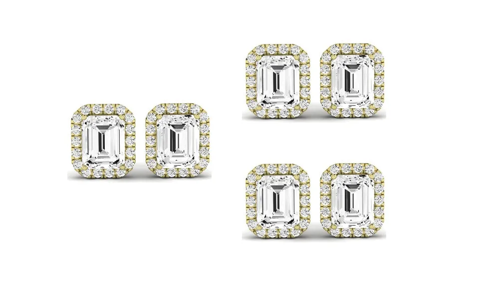 Paris jewelry 18k Yellow Gold 6mm 1Ct Emerald Cut White Sapphire Set Of Three Halo Stud Earrings Plated