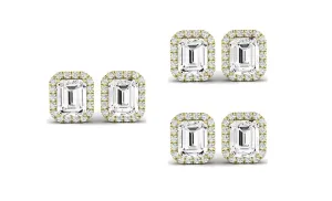 Paris jewelry 18k Yellow Gold 6mm 1Ct Emerald Cut White Sapphire Set Of Three Halo Stud Earrings Plated