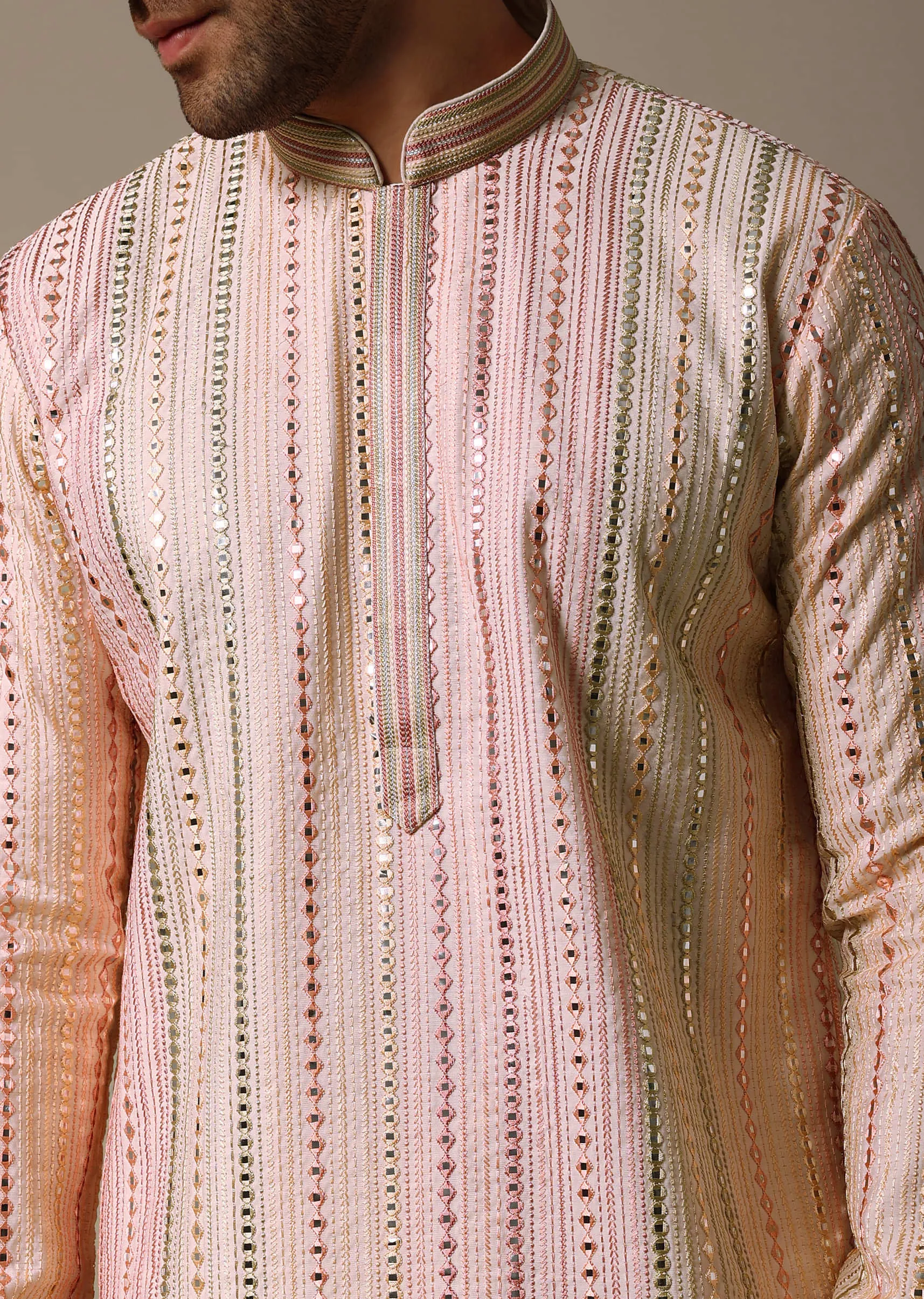 Peach Abla Work Silk Kurta Set For Men