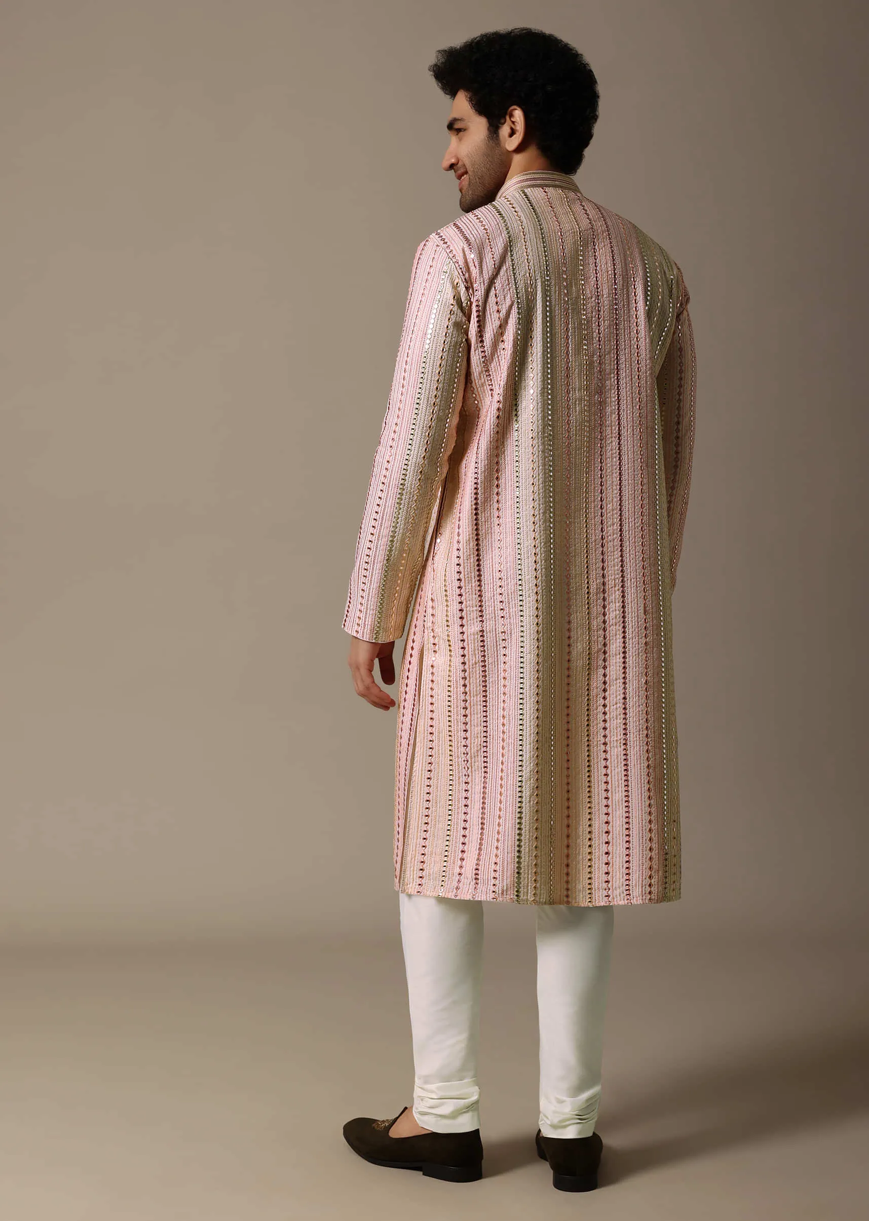 Peach Abla Work Silk Kurta Set For Men
