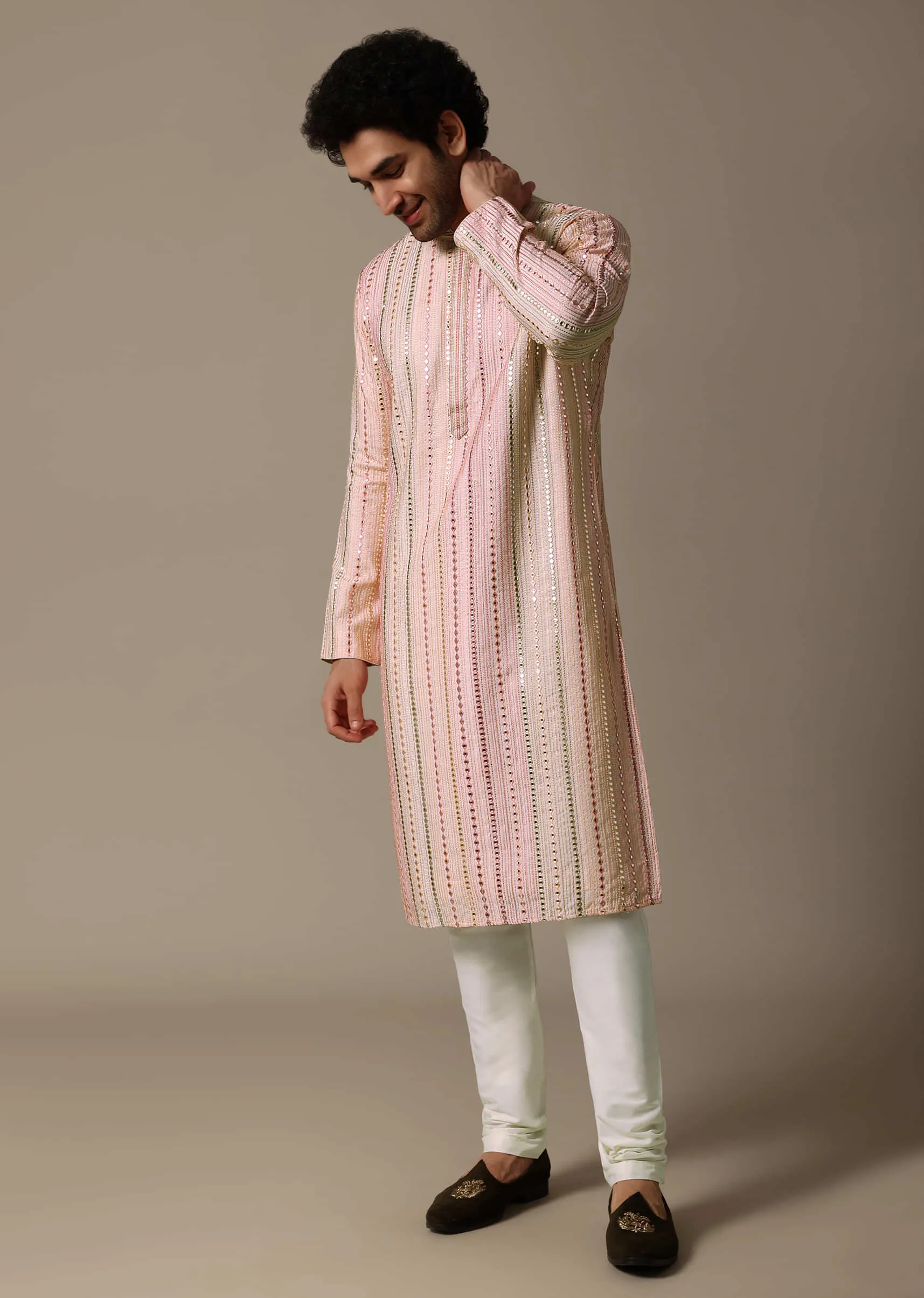 Peach Abla Work Silk Kurta Set For Men