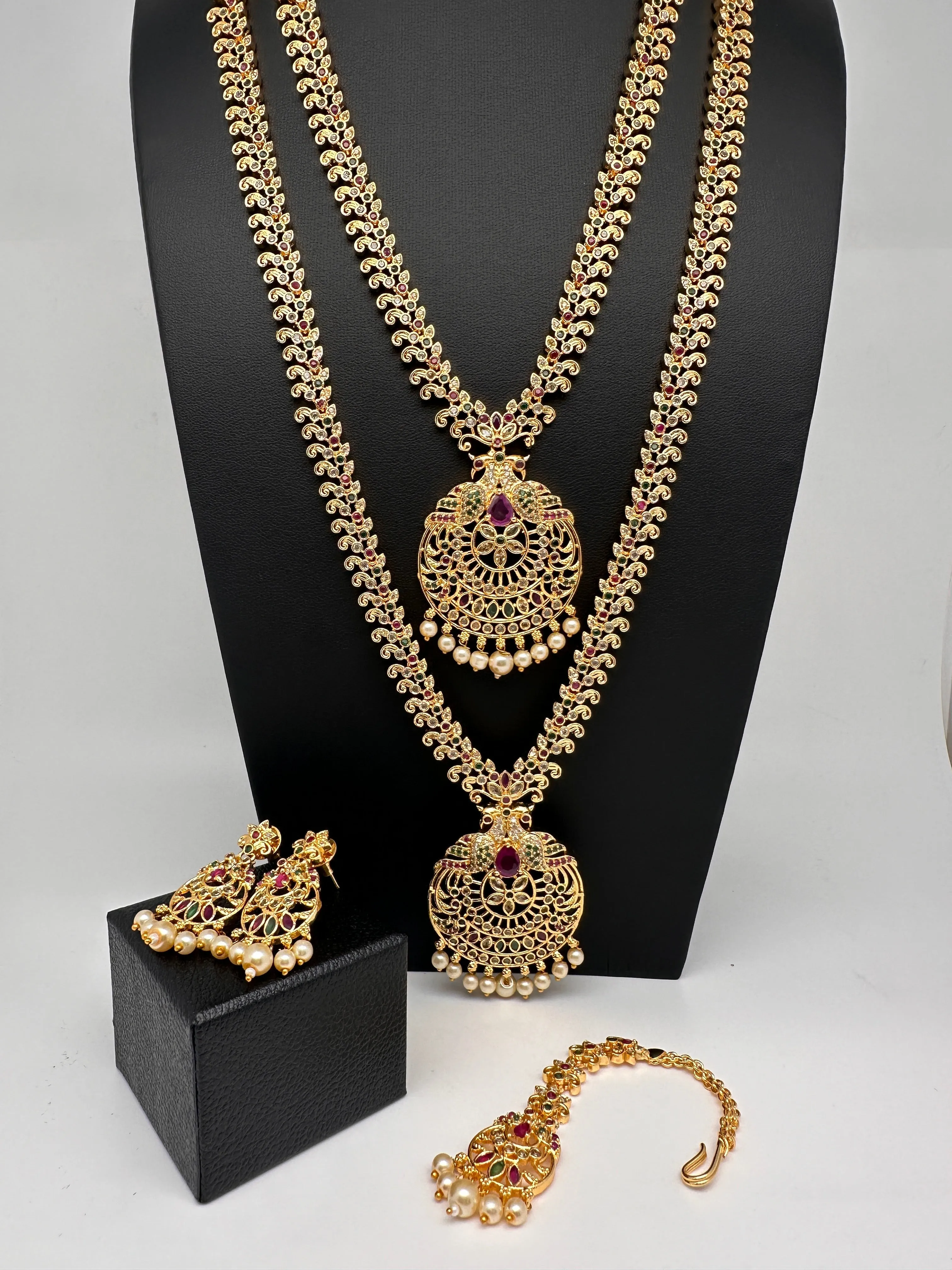 Peacock CZ Multi Stone Long Short Combo Necklace Set